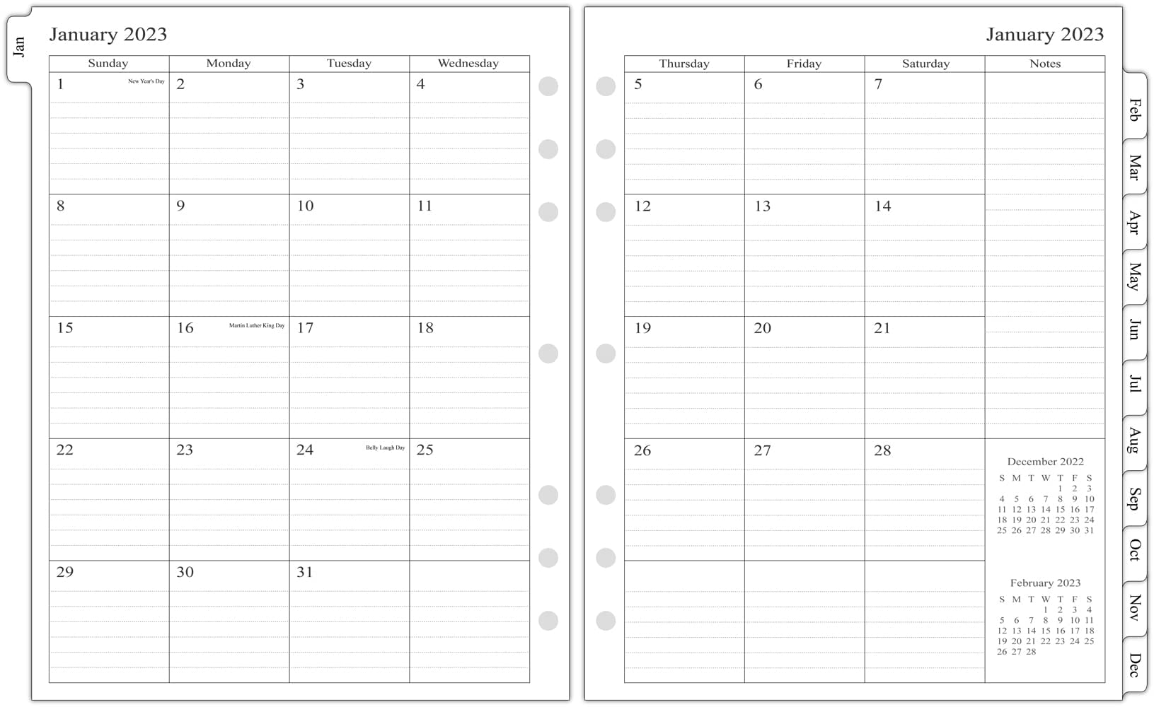 2023 Monthly Planner Refill Folio Size, January 2023 to December 2023