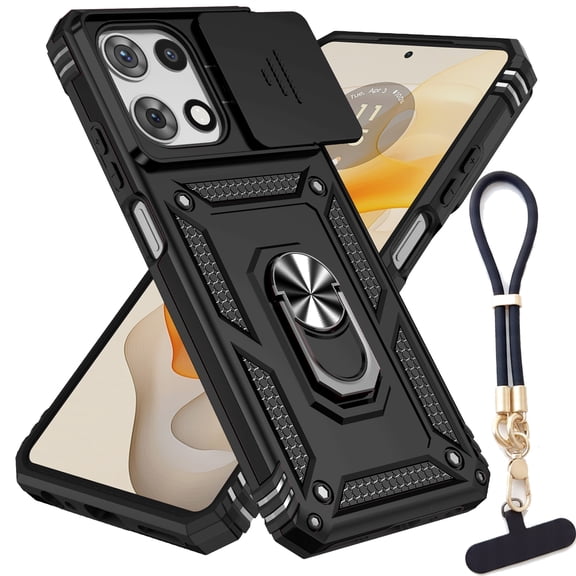 Rugged Phone Case for Motorola Moto G 2026/ Moto G 5G 2025, with Sliding Camera Cover   Silicone Lanyard   Kickstand Heavy Duty Shockproof, Black