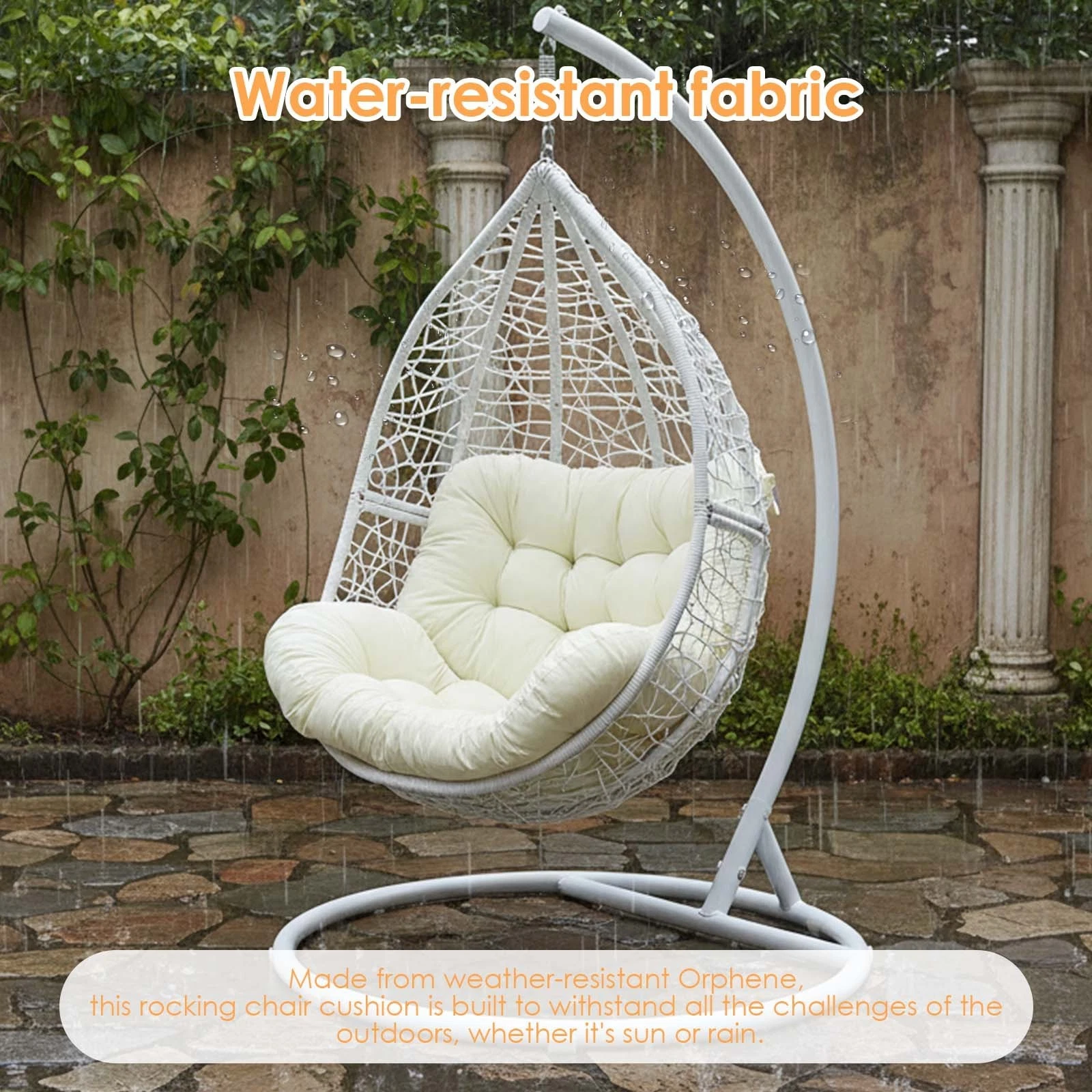 TOPCHANCES Egg Chair Cushion Only, Water-Resistant Outdoor Rocking Chair Cushion, Thick Papasan Seat Cushion with Ties for Patio, Porch, Balcony, Garden (Beige)