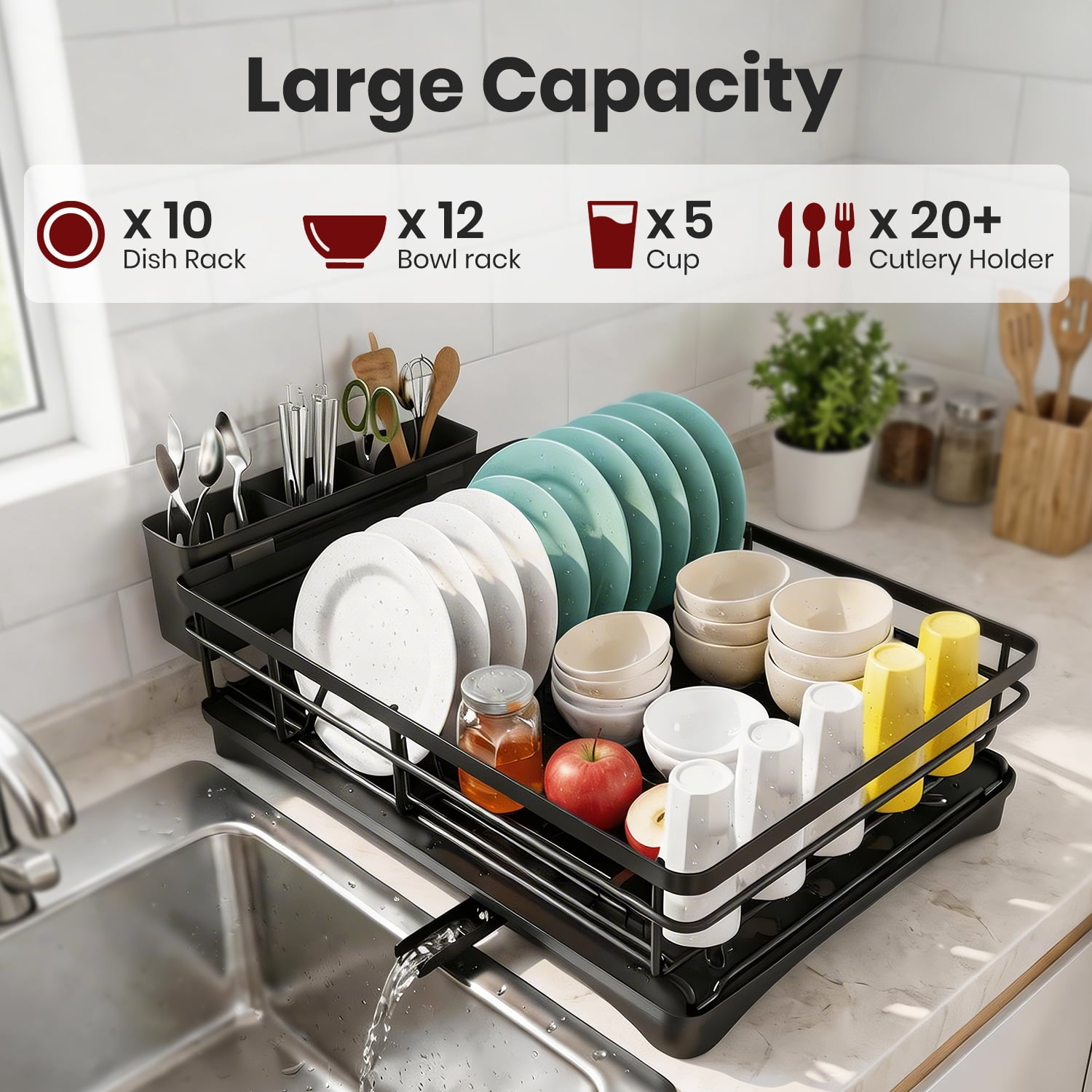 Armorget Dish Drying Rack, Kitchen Counter Dish Racks with Utersil Holder, with Adjustable Water Outlet, Dish Drainers (18.7L×12.01W×7.09H)in Black