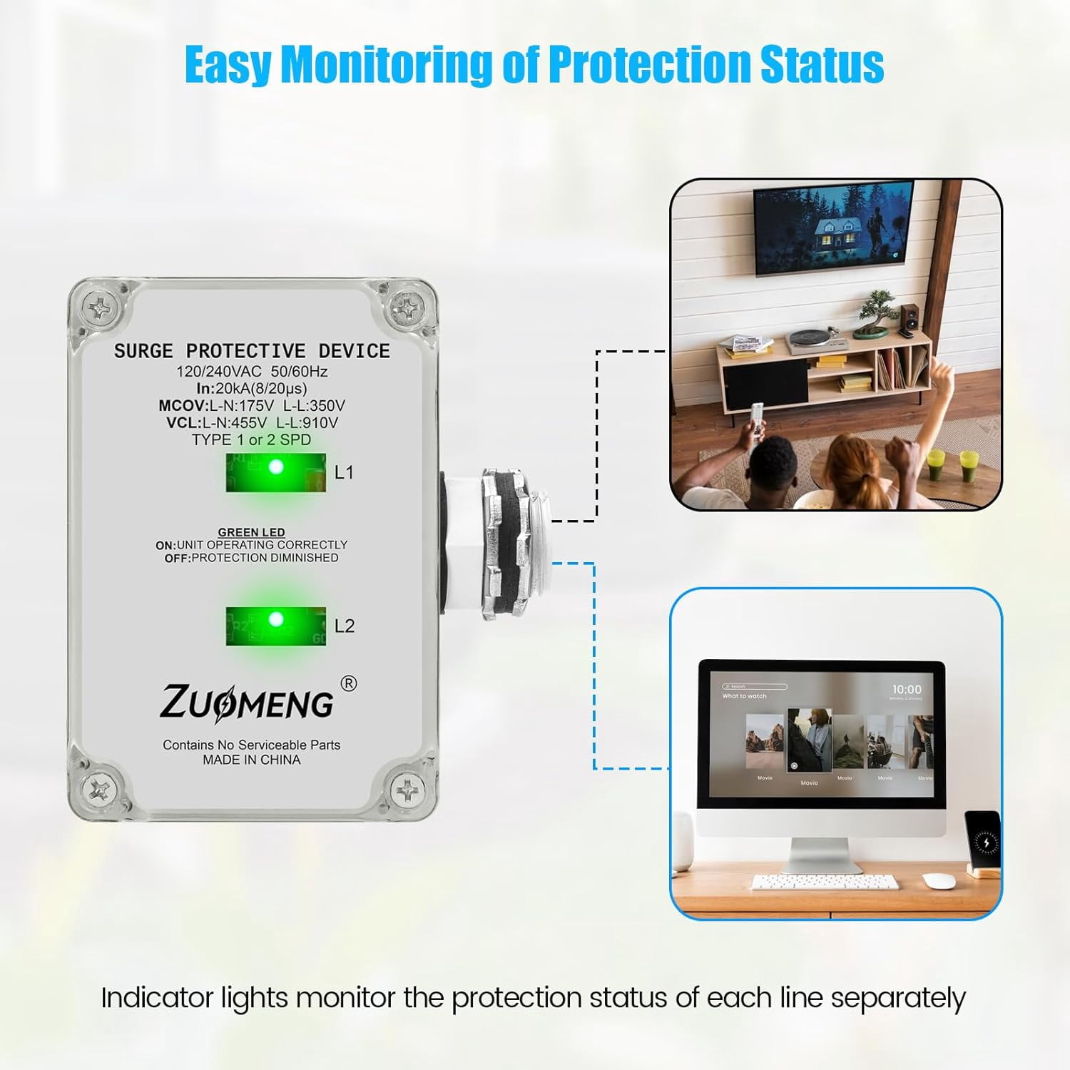 Zuomeng 120/240VAC HVAC Surge Protector, 20kA Absorption, Dual LED Indicators, 3 Protection Types