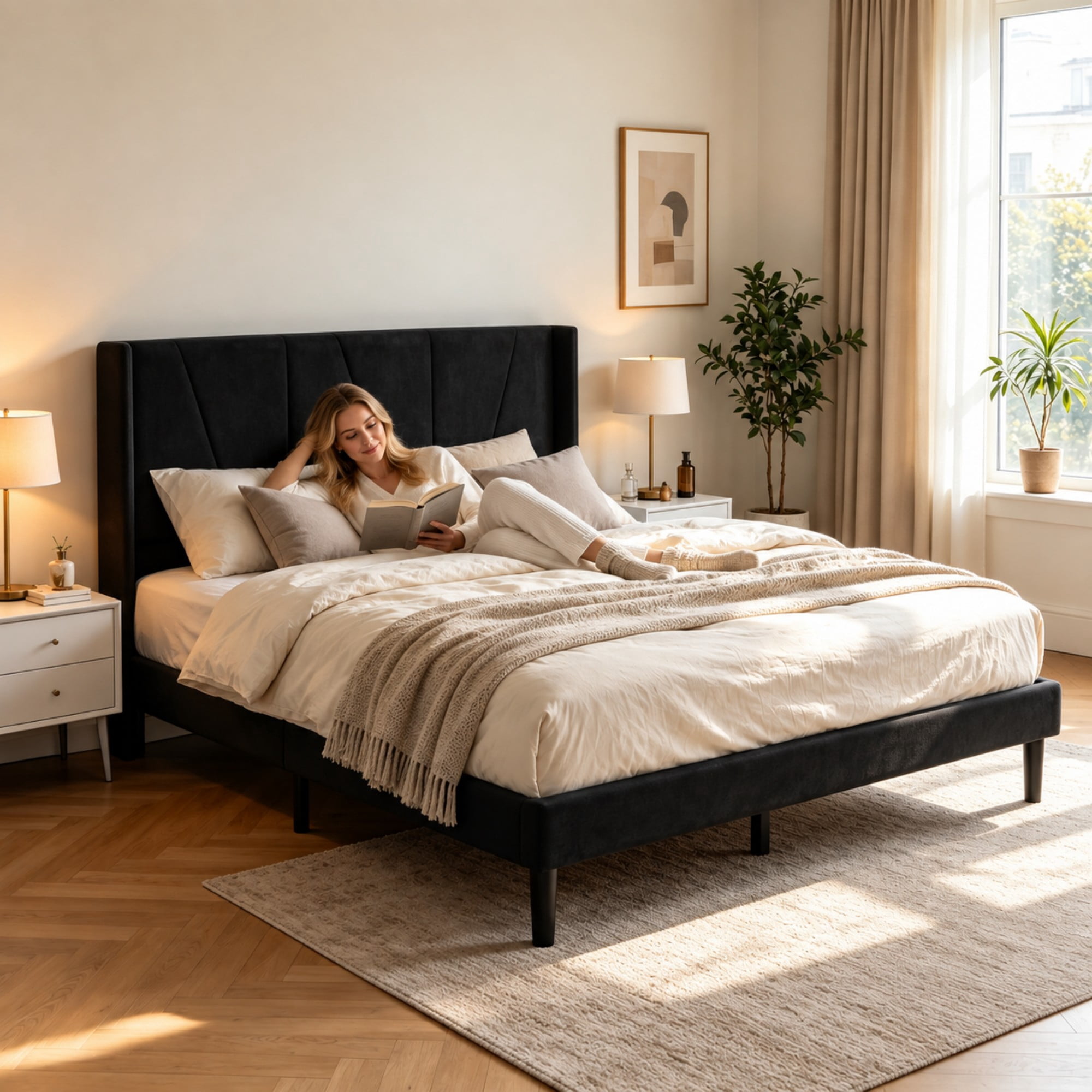 BSHTI Full Size Velvet Platform Bed Frame with Adjustable Upholstered Headboard, Wood Slats, No Box Spring Needed for Bedroom（Black）