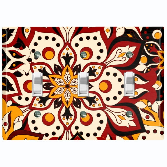 Metal Light Switch Plate Cover Colorful Black Red Mandala Flower Tile Pattern MDL026