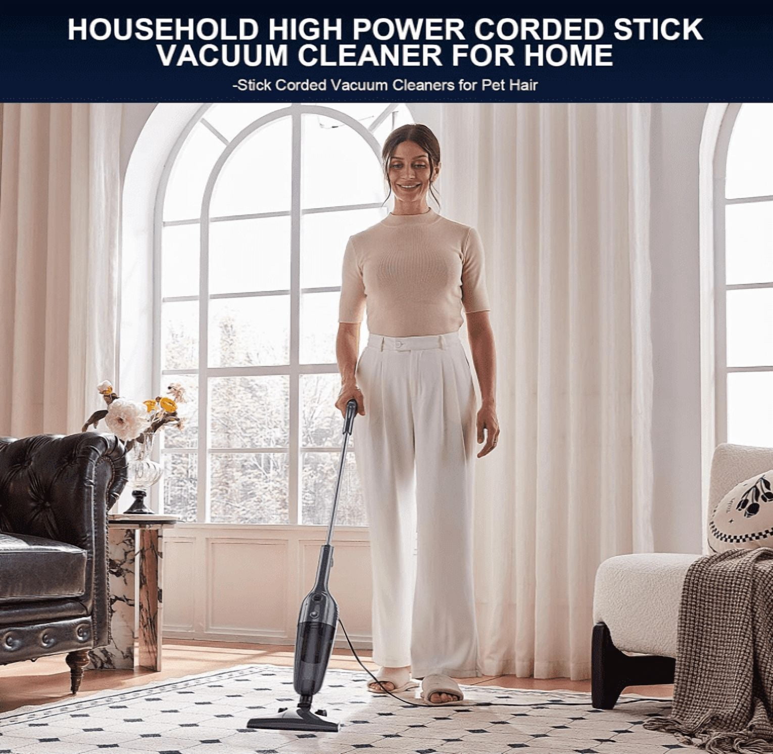 Vacuum Cleaners for Home - Corded Stick Vacuum Cleaner, Rechargeable High Power Vac for Pet Hair Carpet Hardwood Floor, Household Wireless Hand Lightweight Handheld Portable Car Vac, MC Black