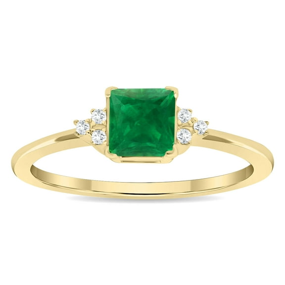 SZUL Women's Square Shaped Emerald and Diamond Half Moon Ring in 10K Yellow Gold