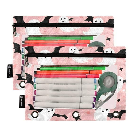 Ckdifva Ghosts and Stars Pencil Pouch 3 Ring Zipper Pencil Case Binder Pockets Clear Top Cosmetic Bag 2 Pack