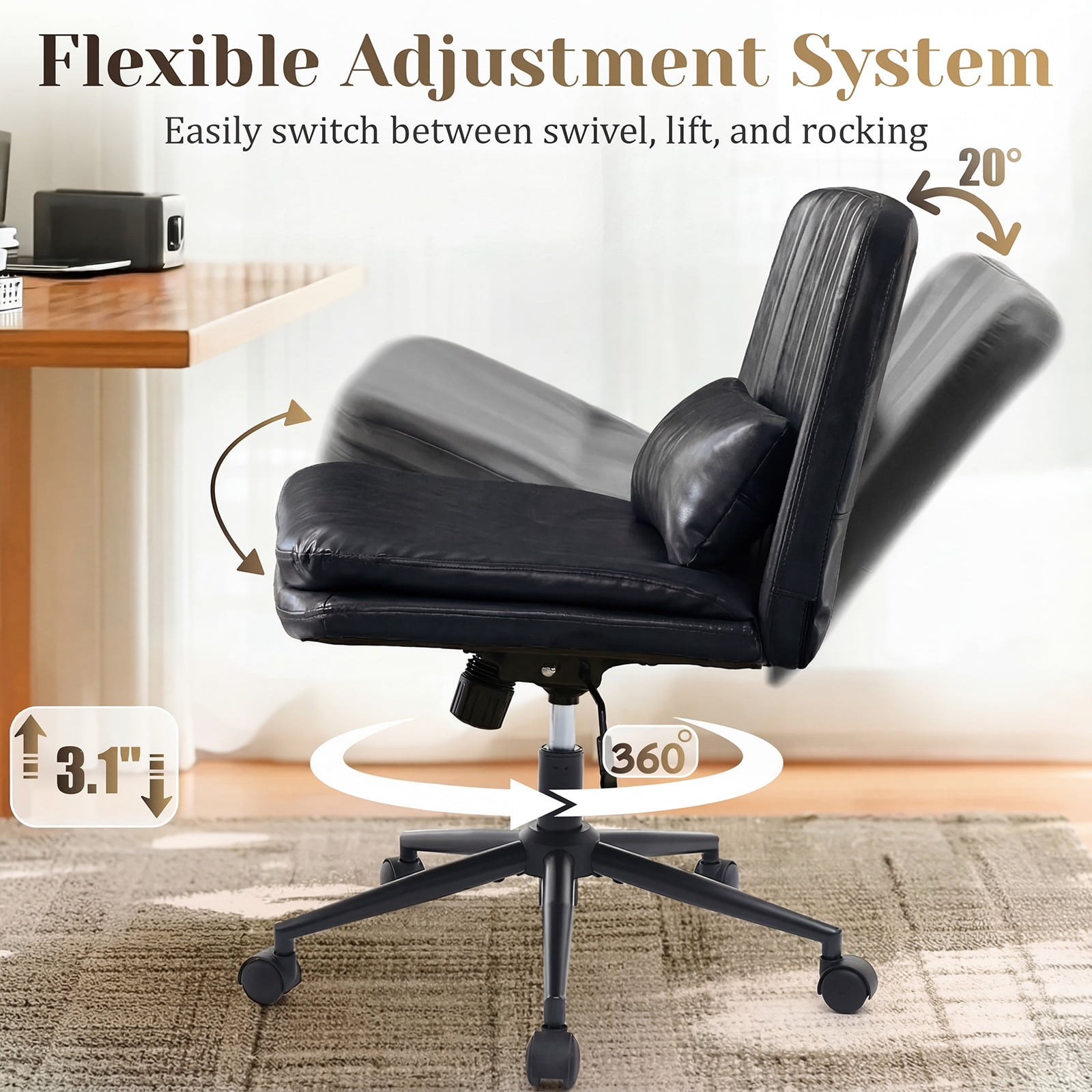 IPKIG Armless Criss Cross Office Chair w/ Lumbar Support, Adjustable Swivel PU Leather Desk Chair for Home Office, Makeup Vanity & Living Room, Black