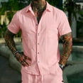 thumbnail image 2 of Men'S Contrast Trim Linen Blend Short Sleeve Button Down Shirt And Drawstring Waist Shorts Set For Summer Beach Vacation And Casual Wear,Pink,XXXL, 2 of 4