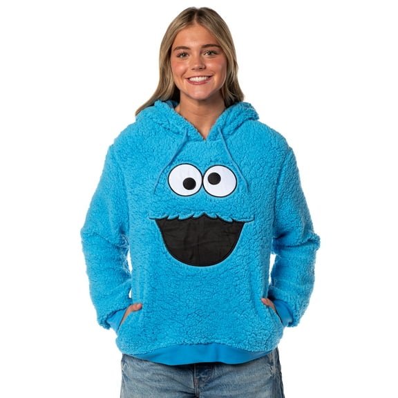 Sesame Street Women's Cookie Monster Embroidered Face Plush Fleece Long Sleeve Adult Costume Pullover Hoodie