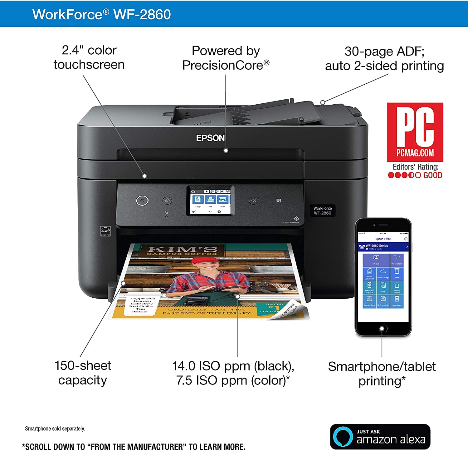 Copier Ethernet Epson WorkForce WF-2860 All-in-One Wireless Color Printer with Scanner Wi-Fi Direct and NFC Dash Replenishment Enabled Fax