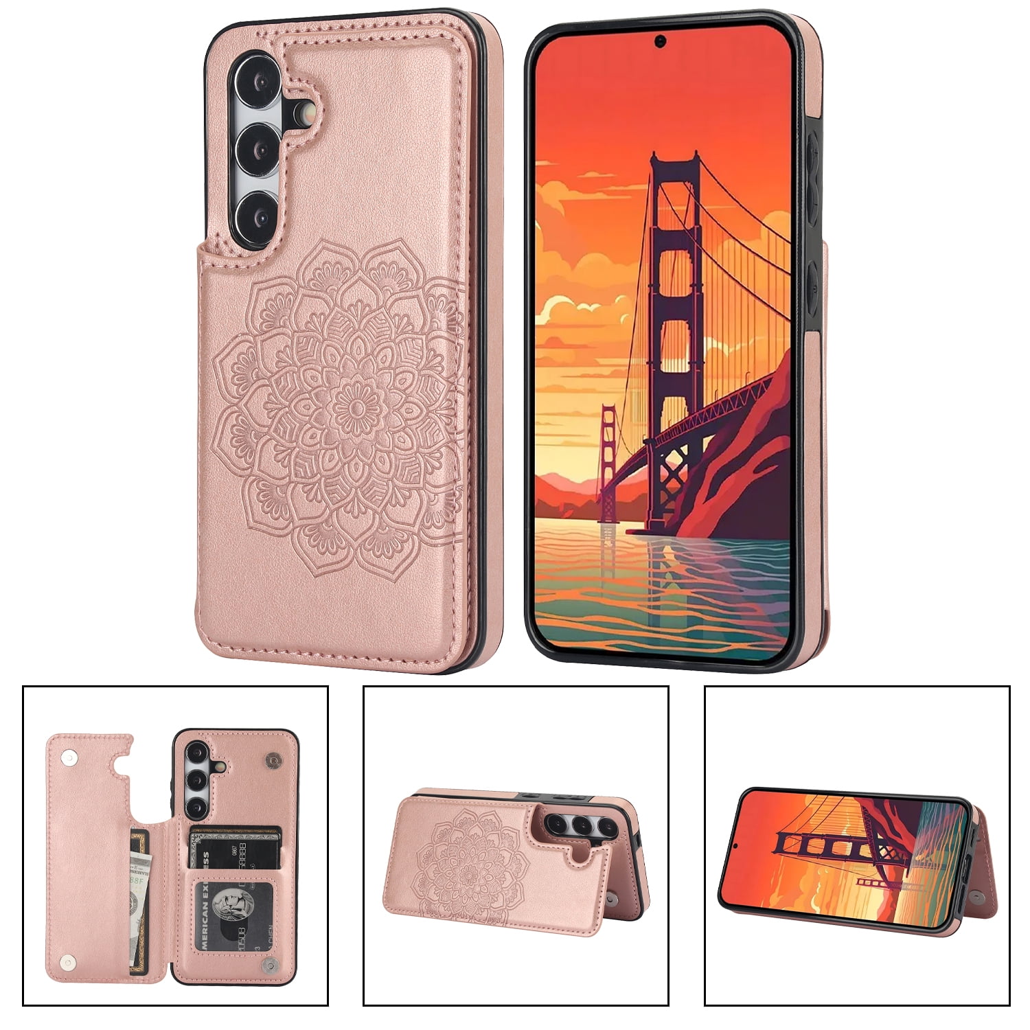 For Samsung Galaxy S23 FE Case with Card Holder Cute Mandala Embossed PU Leather Wallet Case Back Magnetic Snap Flip Folio Cover with Kickstand Shockproof Protection Slim Cover Rosegold