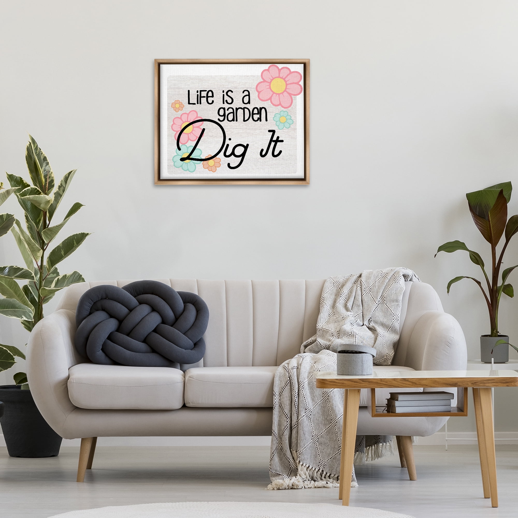 Stupell Industries Life's A Garden Phrase Plants & Flowers Painting Brown Floater Framed Canvas Art Print Wall Art, 31 x 25