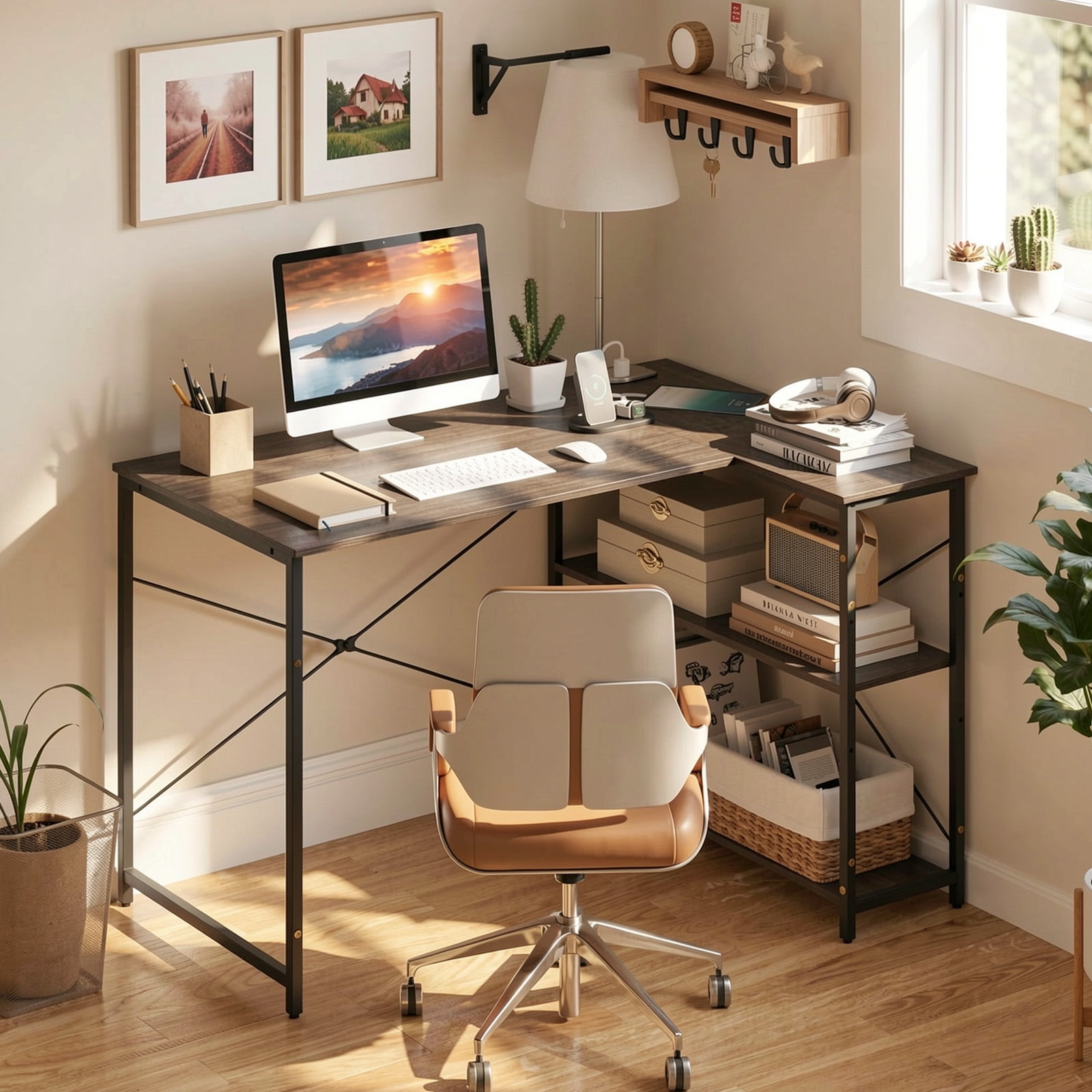 Furnibear L Shaped 47 Inch Reversible Corner Desk with Charging Station USB Type-C Adjustable Storage Shelves Metal Frame Gray