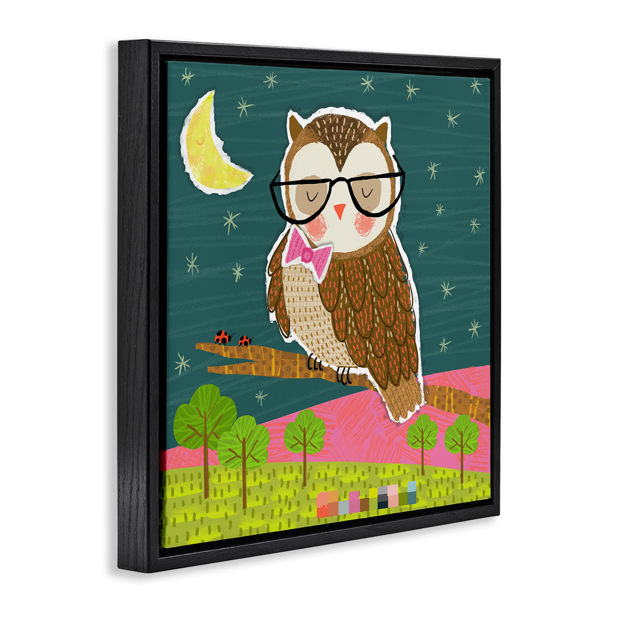 Stupell Industries Wise Owl on Branch Animals Painting Black Floater Framed Canvas Art Print Wall Art, 25 x 25