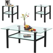 Holaki Glass Coffee Table and End Table Sets of 3 for Living Room, Tea Table & 2 Side Tables, Black Metal Leg and Rectangle Tempered Glass