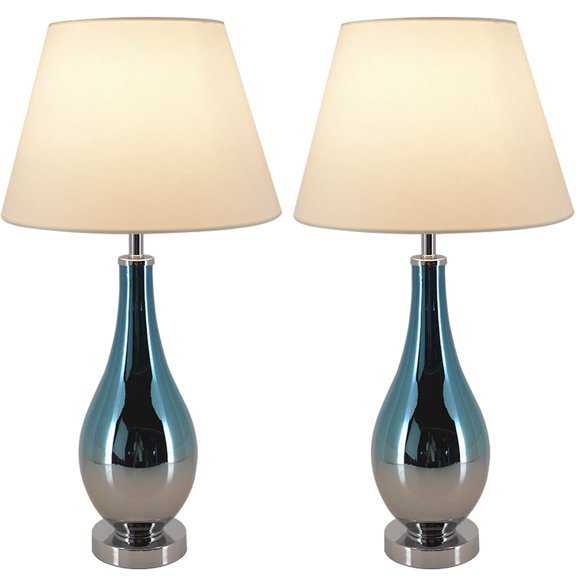 28 in. Blue Chrome Ombre Indoor Table Lamp with Shade, Set of 2