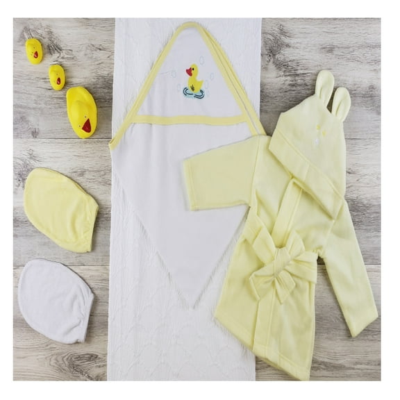 4-Piece Yellow and White Newborn Clothing Essentials Bambini Hooded Towel, Bath Mittens, and Robe, 8"