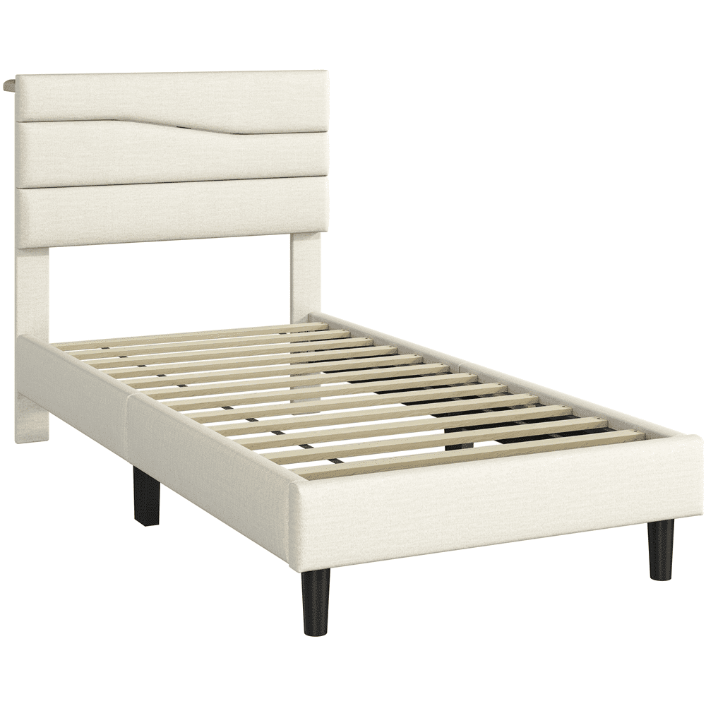 Renwick Twin Upholstered Bed Frame with Charging Station, Beige