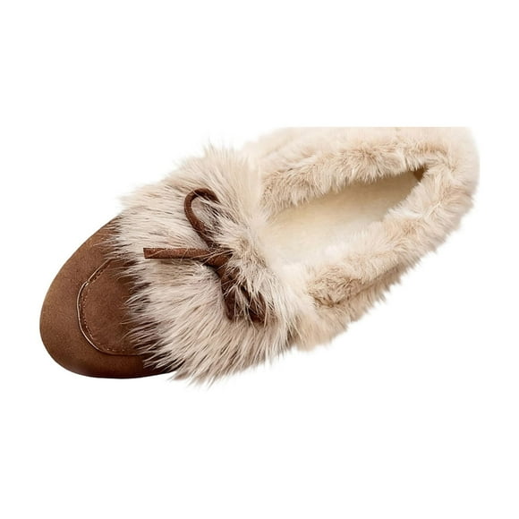 Women's Fashion Casual Winter Comfort Fleece Warm Solid Color Bow Round Toe Flats with Raw Edge