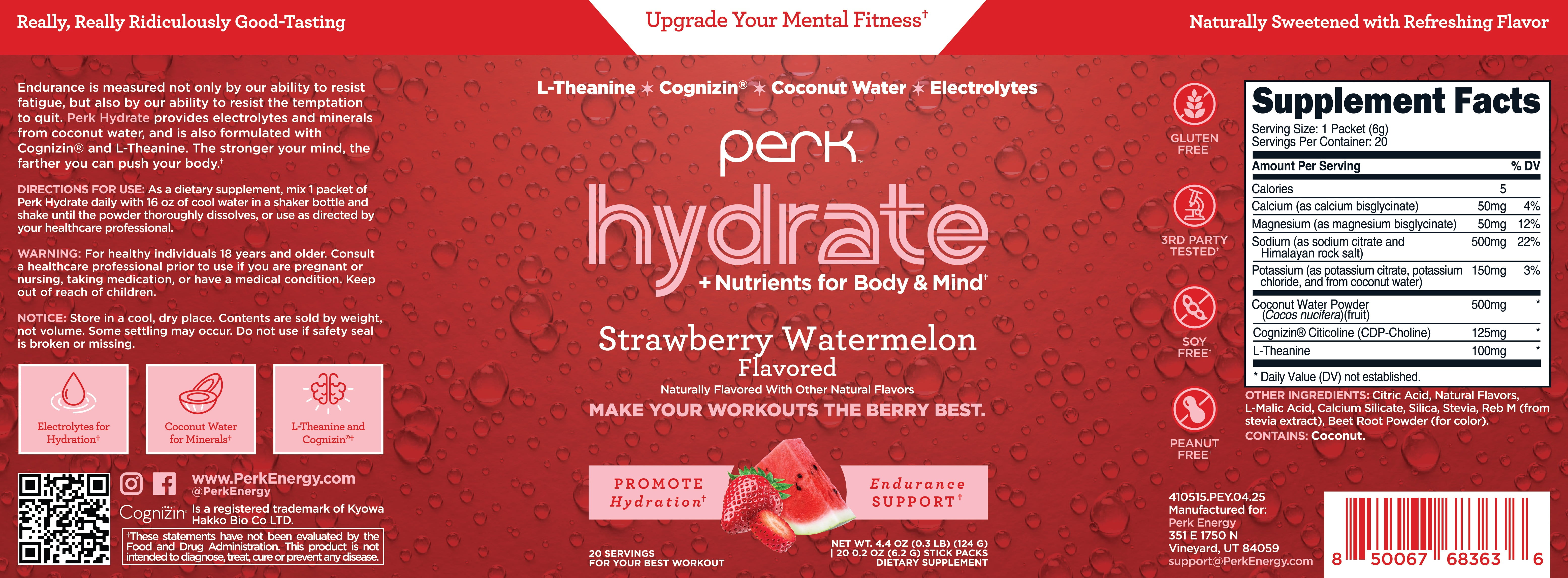 Perk Hydrate Electrolyte Stickpacks (Strawberry Watermelon) 20 Packets - Coconut Water, CDP-Choline, L-Theanine, Gluten-Free, Keto Friendly, Vegan