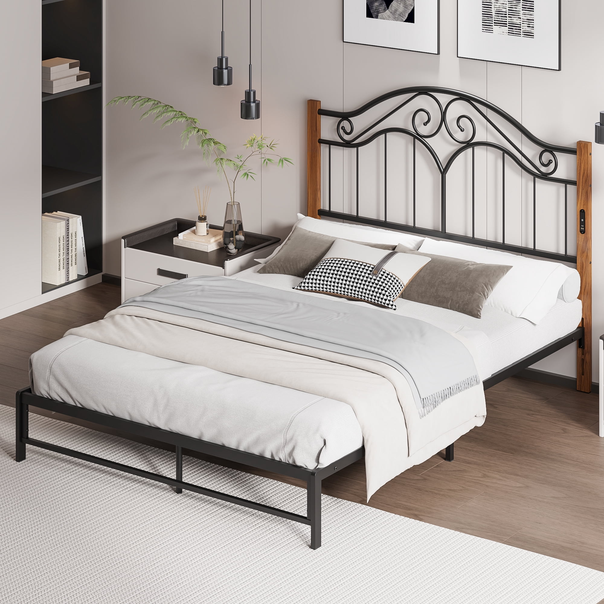 Yoneston Vintage Wood Grain Metal Queen Headboard with Charging and 3-Level Height Adjustment Design, Black