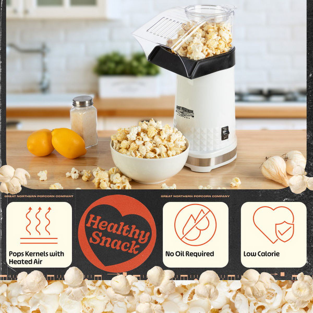 Great Northern Popcorn 1200W Oil-Free Air Popper Popcorn Machine, White