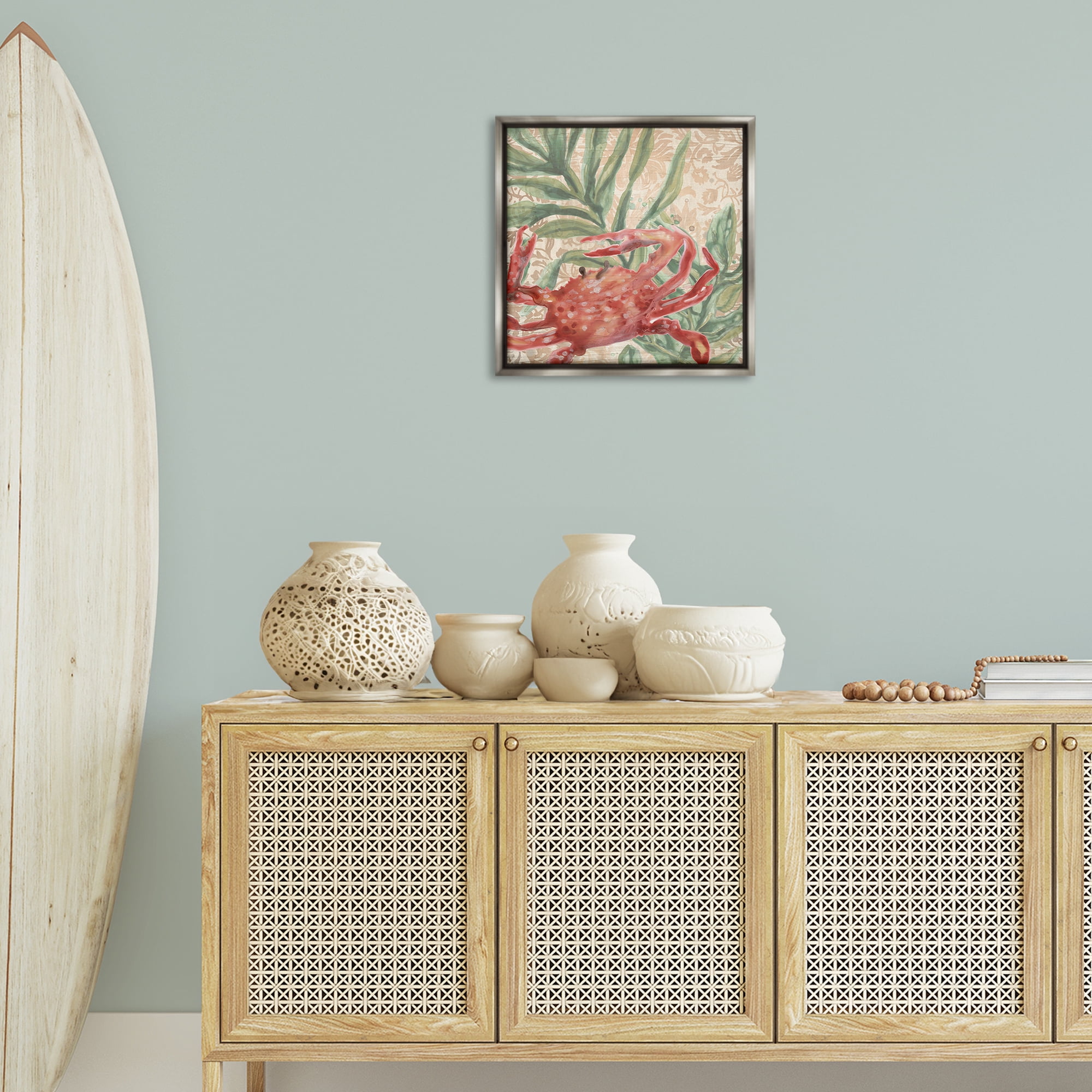 Stupell Industries Crab on Floral Pattern Animals & Insects Painting Gray Floater Framed Canvas Art Print Wall Art, 18 x 18