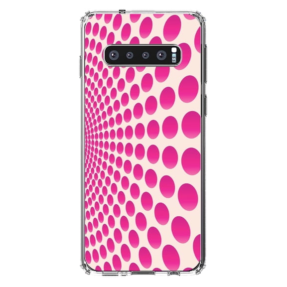 DistinctInk Clear Shockproof Hybrid Case for Samsung Galaxy S10 (6.1" Screen) - TPU Bumper, Acrylic Back, Tempered Glass Screen Protector - Hot Pink Polka Dots Swirl