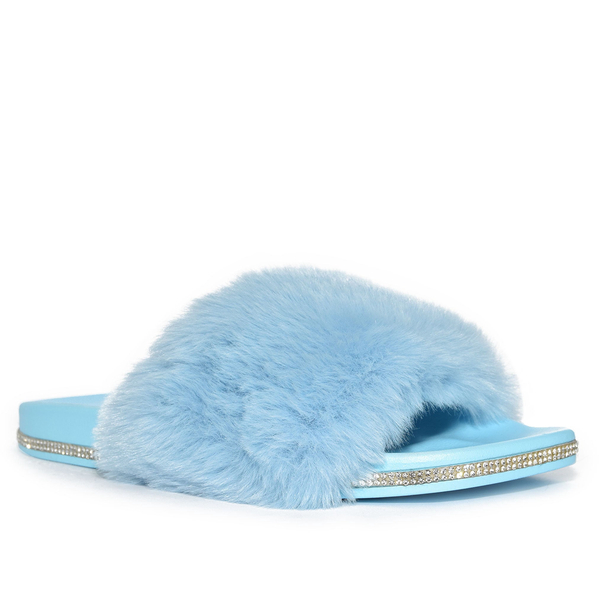Wild Diva MADELLE-01 Women's Rhinestone Faux Fur Fluffy Open Toe Flat Slide  Sandals - Walmart.com