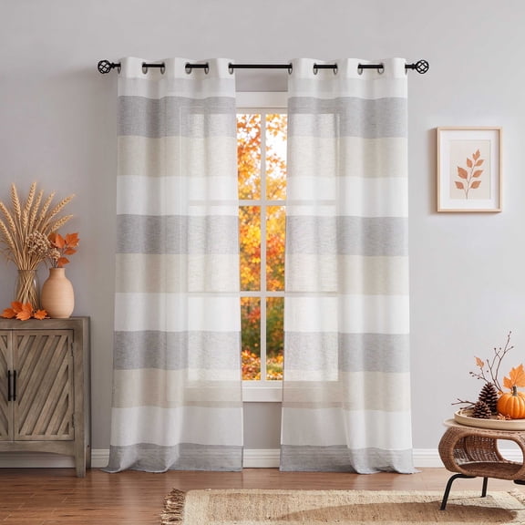 Uptown Home Gray Tan Color Block Rustic Window Sheer Curtain Panel for Bedroom/Living Room Linen Texture Farmhouse Drapes, Grommet Top, 40"x84"x2