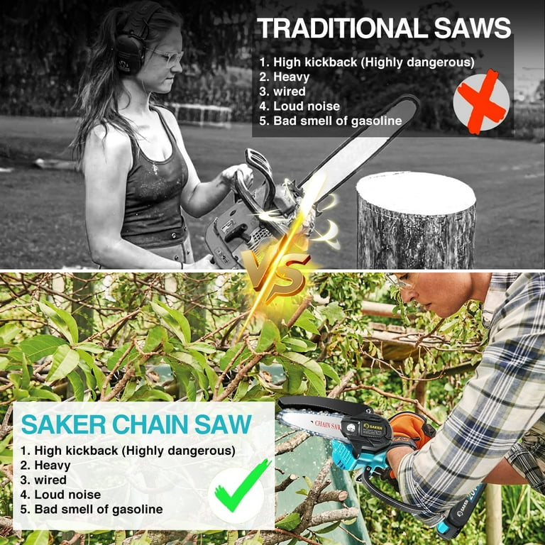 Saker Mini Chainsaw Cordless 6-Inch 2024 Upgrade Switch Security Lock-Power  Chain Saws-Handheld Small Chainsaw for Cutting Wood Trimming and