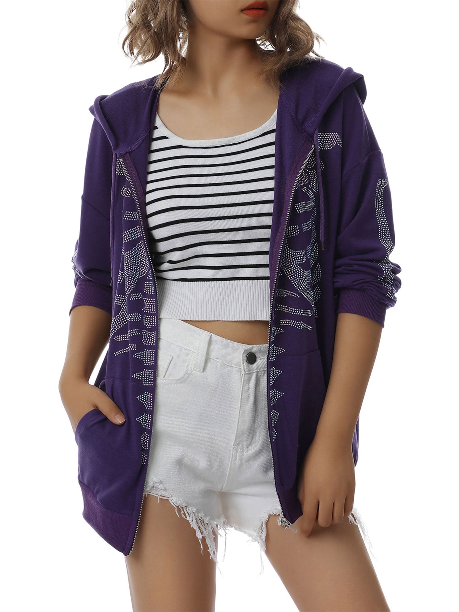 Women Y2K Zip Up Loose Style Hooded Jacket, Letters Rhinestone