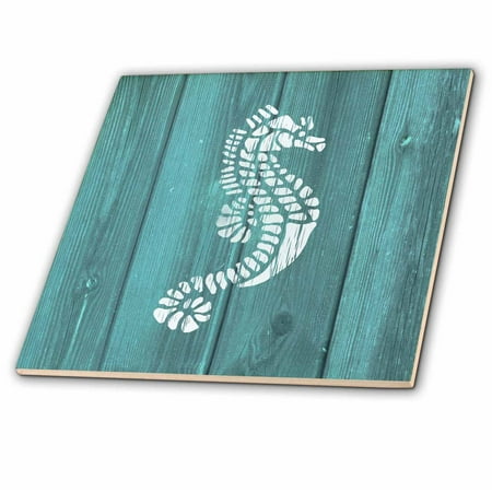 3dRose Photo of Seahorse Painted White on Aqua Painted Wood- not real wood - Ceramic Tile,