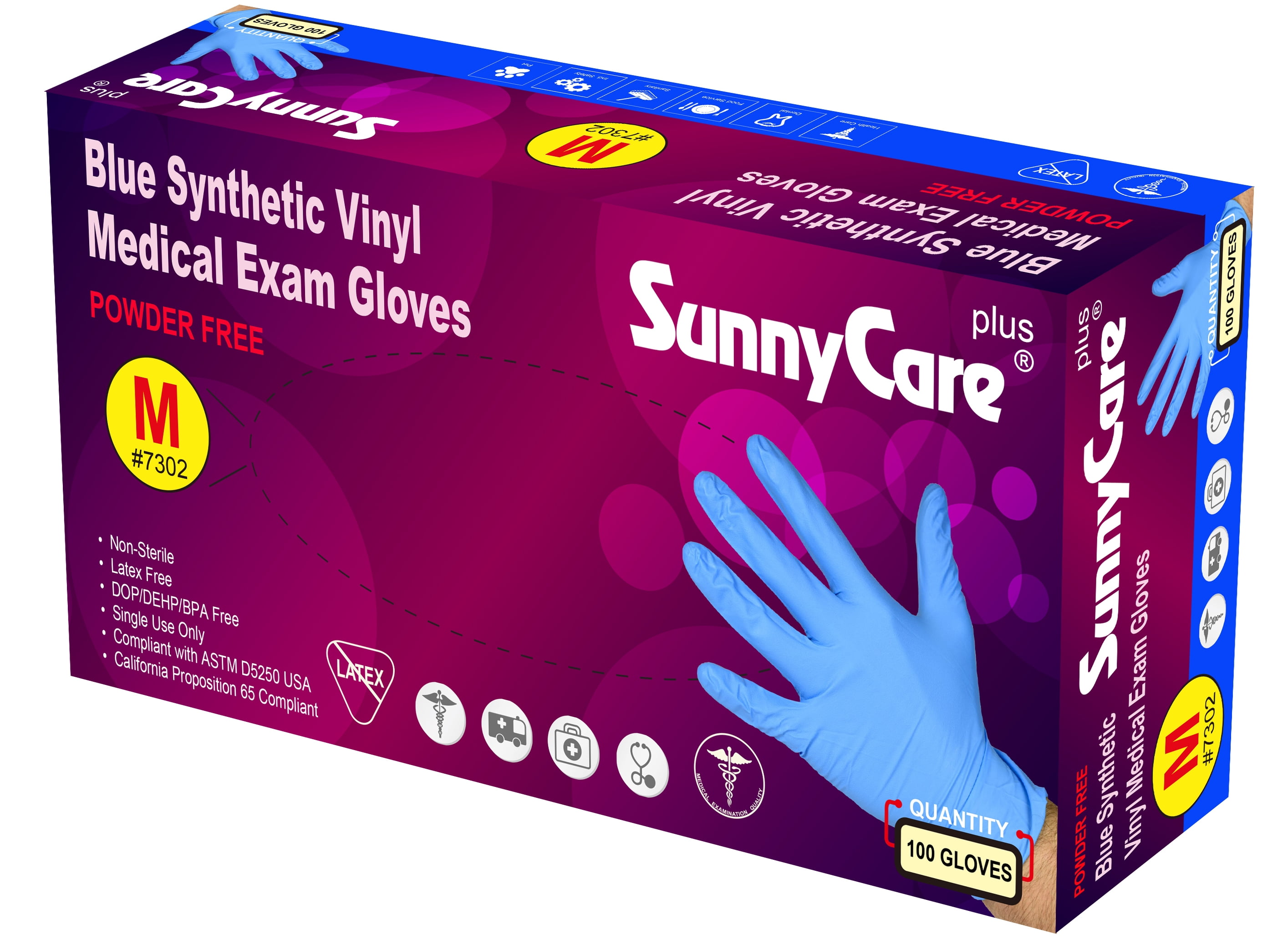 100/Box 7302 SunnyCare Blue Vinyl Synthetic Exam Gloves, (Nitrile