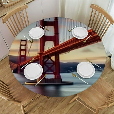 

Beach Landscape Fitted Tablecloth Round Elastic Table Cover Urban Bridge Waterproof and wipeable Table Cover