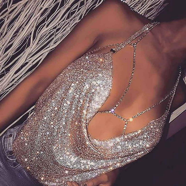 Sparkly Rhinestone Body Chain Bra Silver Women Crystal Backless