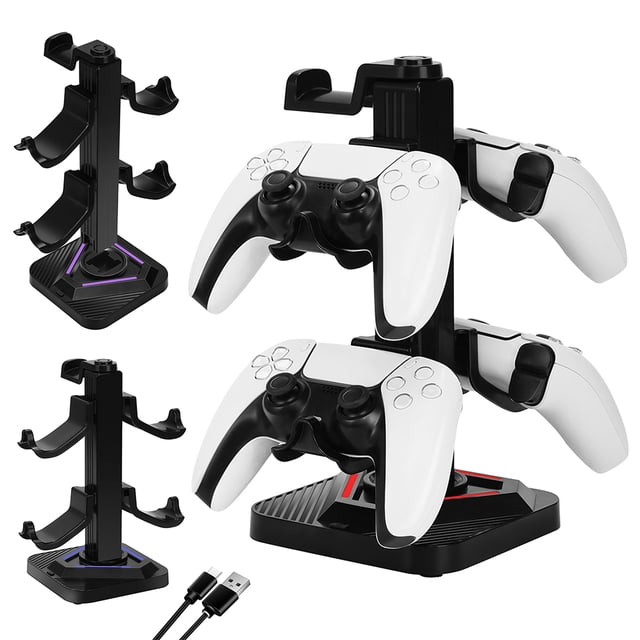 Soporte para auriculares gaming RGB de escritorio, soporte para mando con 3 puertos USB, base giratoria de 360° y gancho desmontable para accesorios de Xbox/PS5/PC