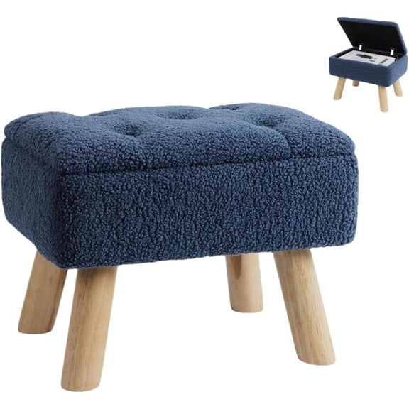 BTY Blue Teddy Fabric Storage Ottoman, 2-in-1 Stool with Lift Top and Hidden Compartment | Plush Upholstered Bench for Living Room, Bedroom, and Entryway