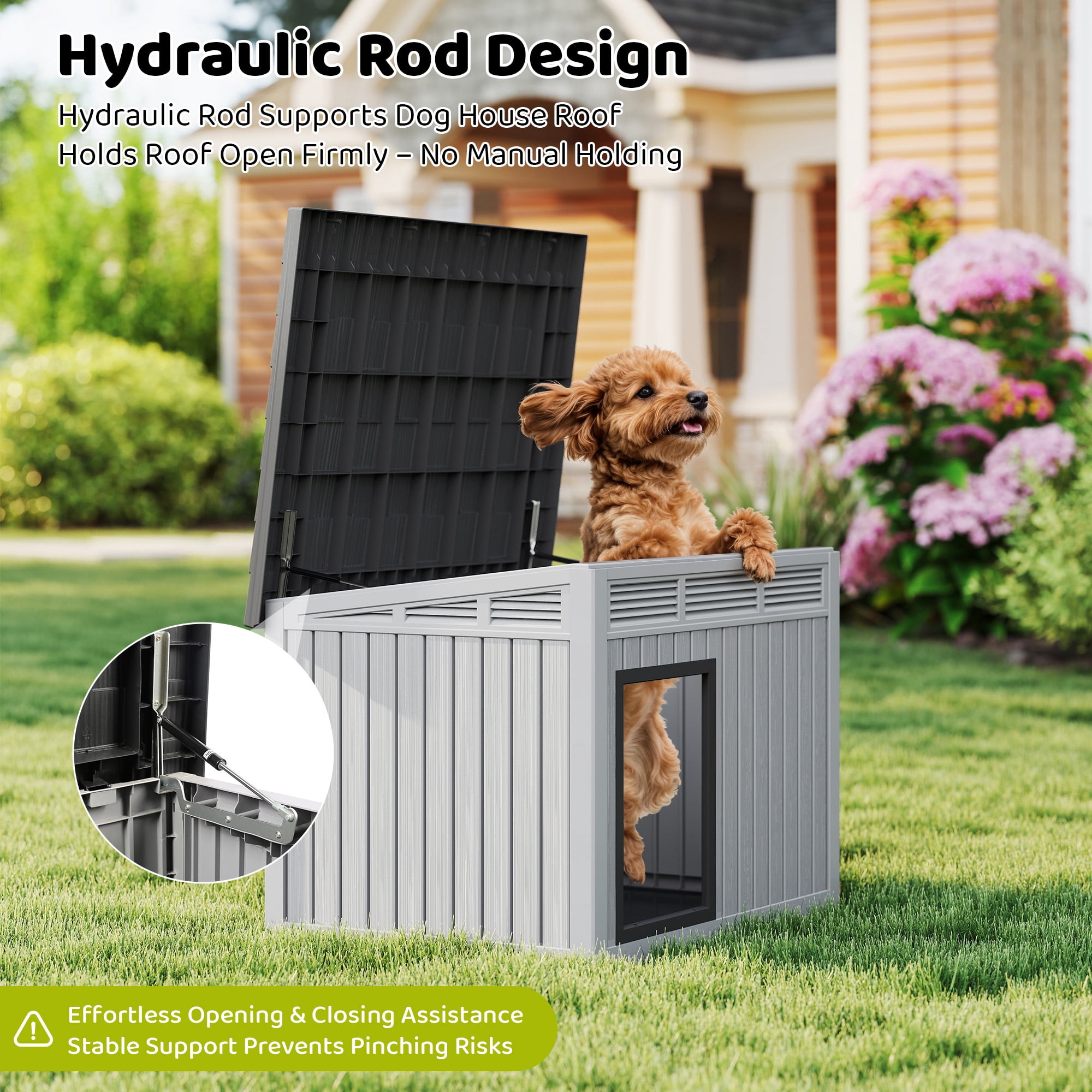 Nihsuao Waterproof Dog House for Small to Medium Dogs, Indoor Outdoor PP Kennel with Ventilated Design & Removable Roof, Easy to Clean, Gray, 31.2"L x 23.6"W x 21.6"H