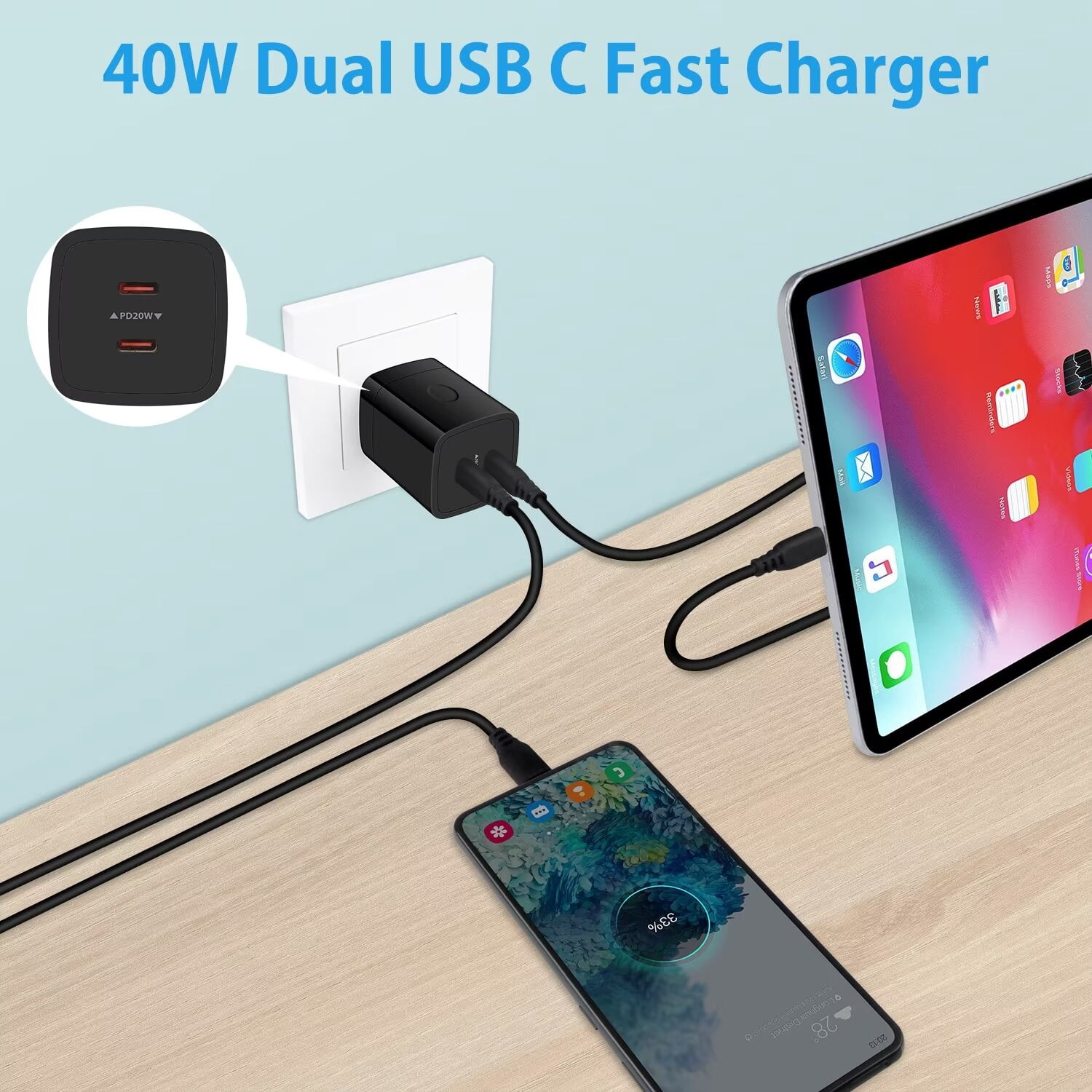 USB C Charger,AILKIN 40W PD 2PACK USB C Charger Block with 2PACK USB C Cables 10ft Type C Charger 10ft USB C Block Plug for Phone 15 Charger Block Usb C,Black
