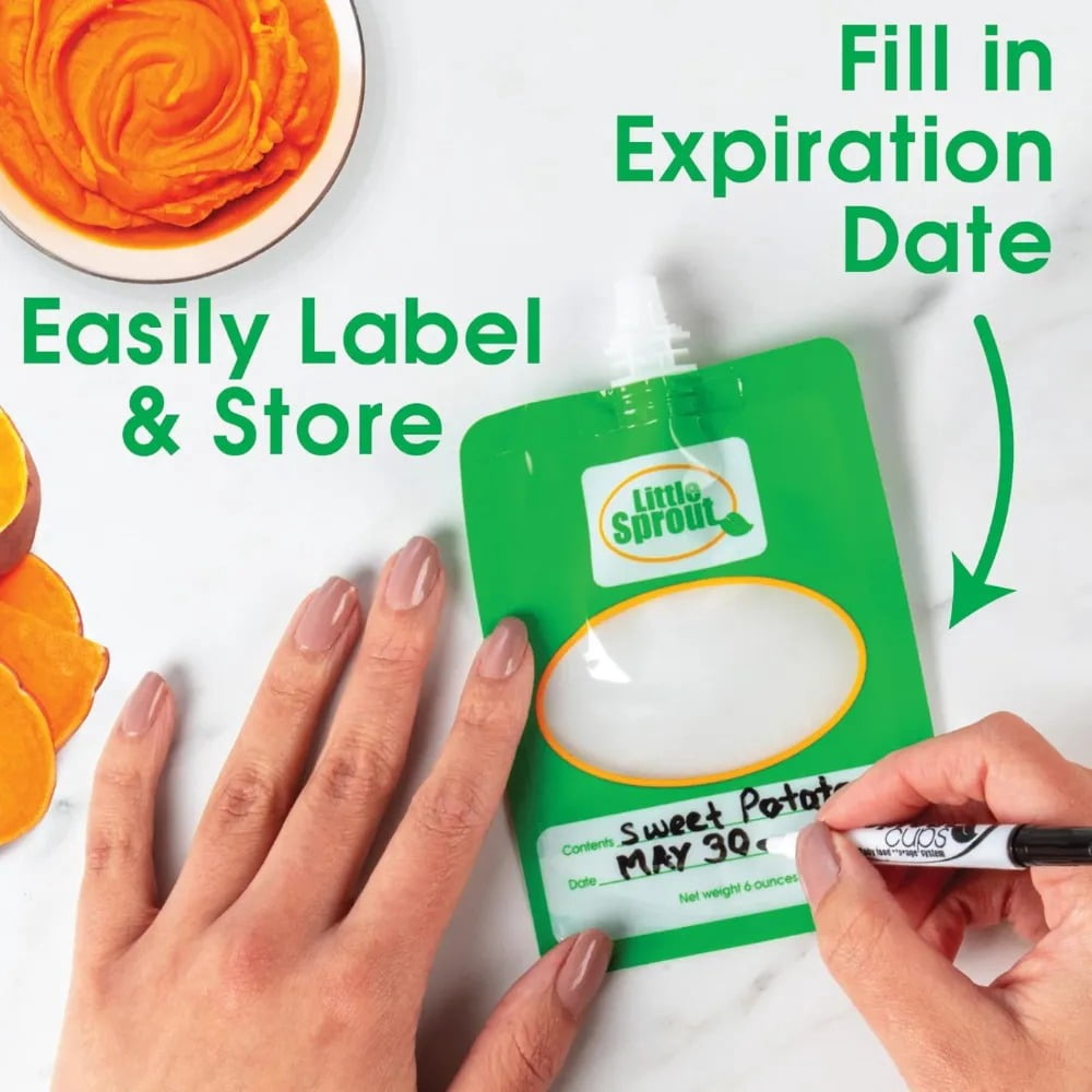Disposable 6oz Baby Food Storage Pouch Containers, 48 Pack- Write What You Want Squeezable Pouches- Make Homemade Organic Food for Babies/Toddlers-Works with Most Filling Stations Including Infantino