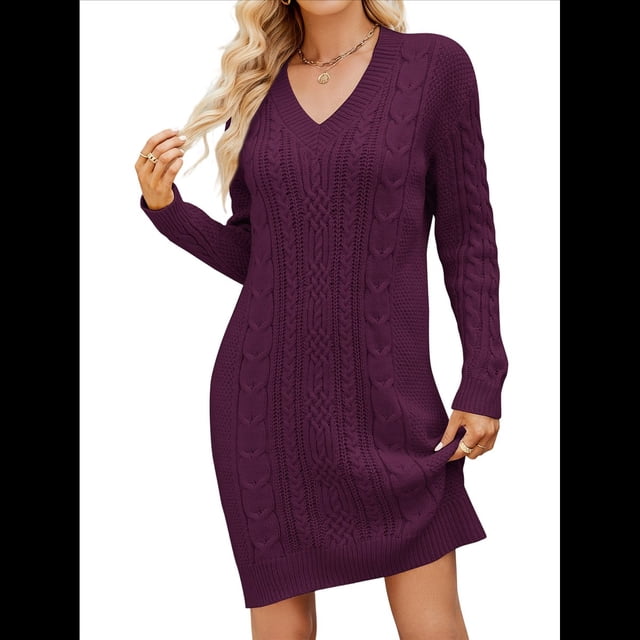 Vestidos Tipo Suéter Holgados de Otoño con Cuello en V, Larga y por Encima de la Rodilla para Mujer. Rojo Púrpura XXL