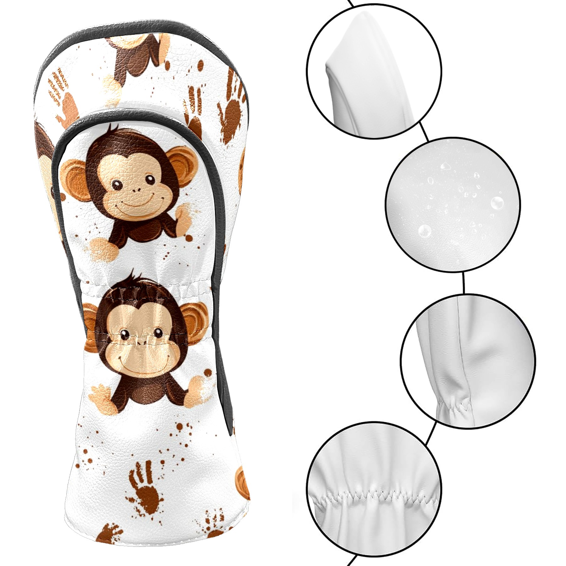 Golf Head Covers Monkey Handprint Pattern for Driver, Wood & Hybrid, Premium Waterproof PU Leather with Plush Lining, Playful Animal Golf Gifts