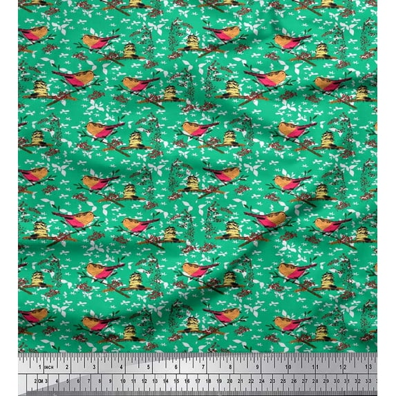 Soimoi Cotton Duck Fabric Building,Leaves & Bird Artistic Print Fabric by The Yard 42 Inch Wide