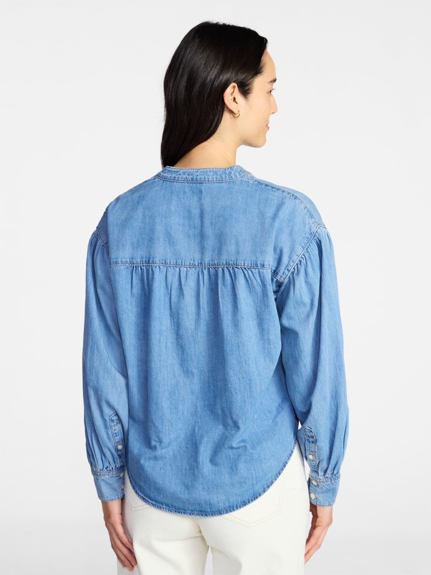 Time and Tru Women's Popover Denim Top with Long Sleeves, Sizes XS-XXXL