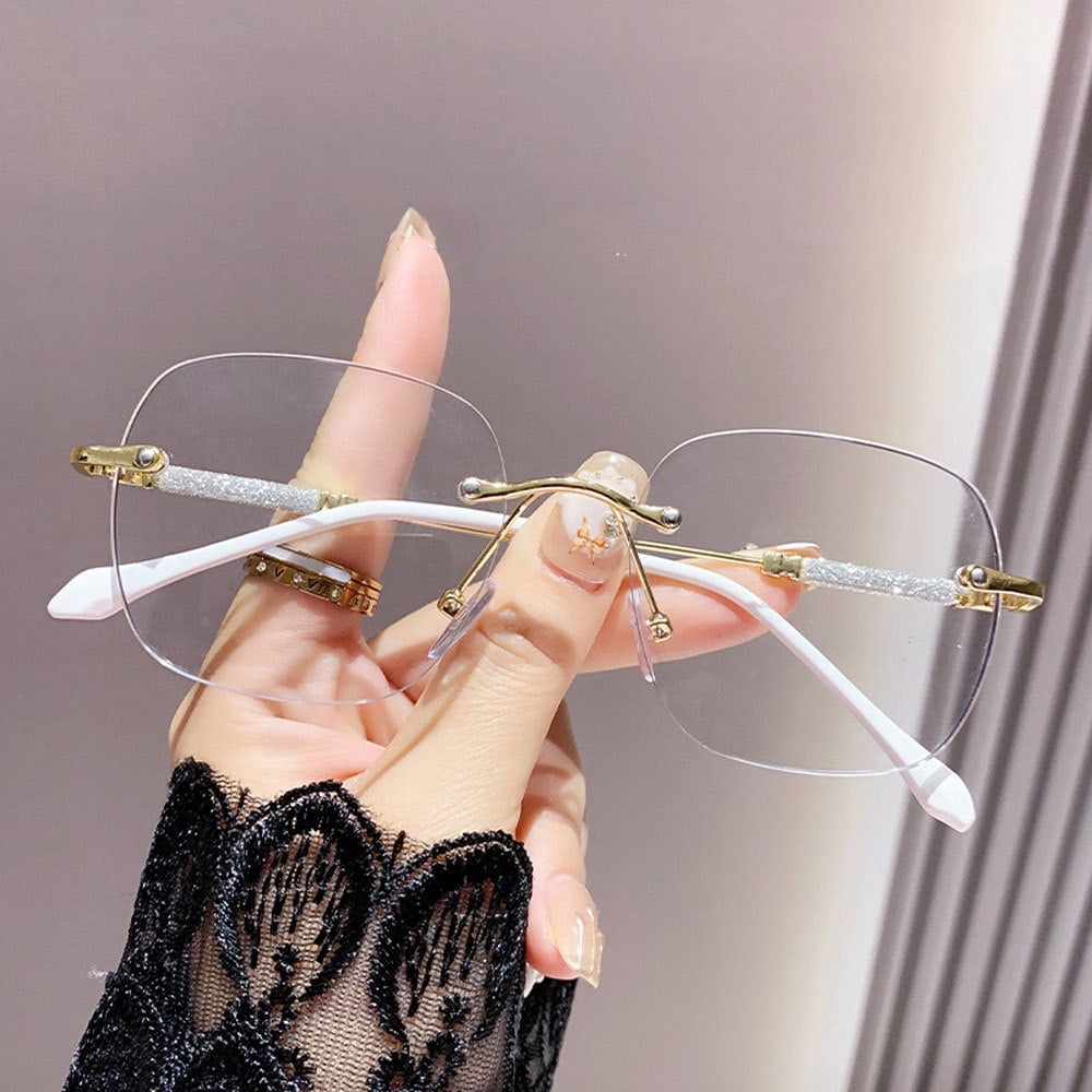 2 Pairs of Ultra Light Rimless Bling Photochromic Gray Square Frameless Gold Reading Glasses 3.00 for Women Blue Light Blocking Readers +3.0 UV