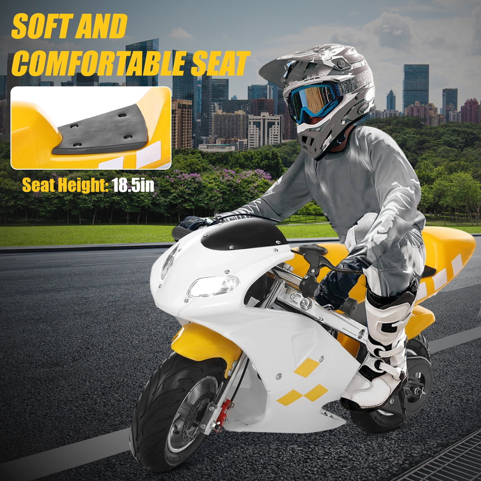 Pocket Rocket Motorcycle - 49cc 2-Stroke Gas with Front & Rear Disc Brakes, Dual Headlights & Anti-Slip Grip for Teens 12+, 170lbs Max