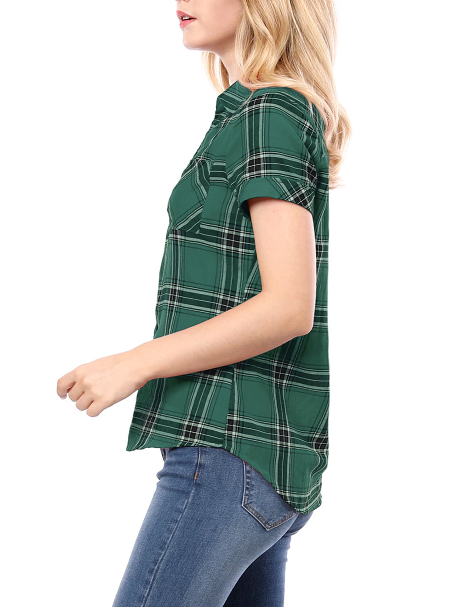 DARING DIVA Women's Plaid Shirts Cotton Short Sleeve Button Down Shirt XS Green