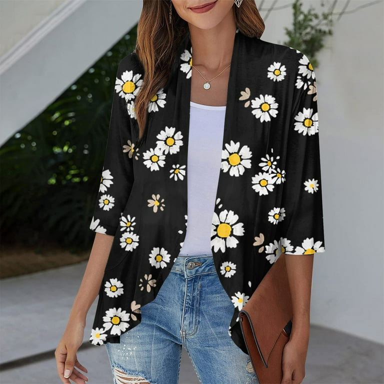 Wangxldd Black and White Shrugs Ruffle 3 4 Sleeve Womens Summer Cardigan Lightweight Open Front Shrug Cardigan Floral Print Dressy Casual Cotton Cardigans White S Walmart