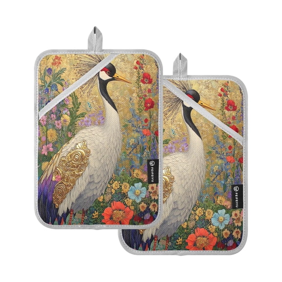 BZSMCE Pot Holder Oven Mitts Cooking Baking Crane in Floral Setting Creative Pattern Size:7x9.8in